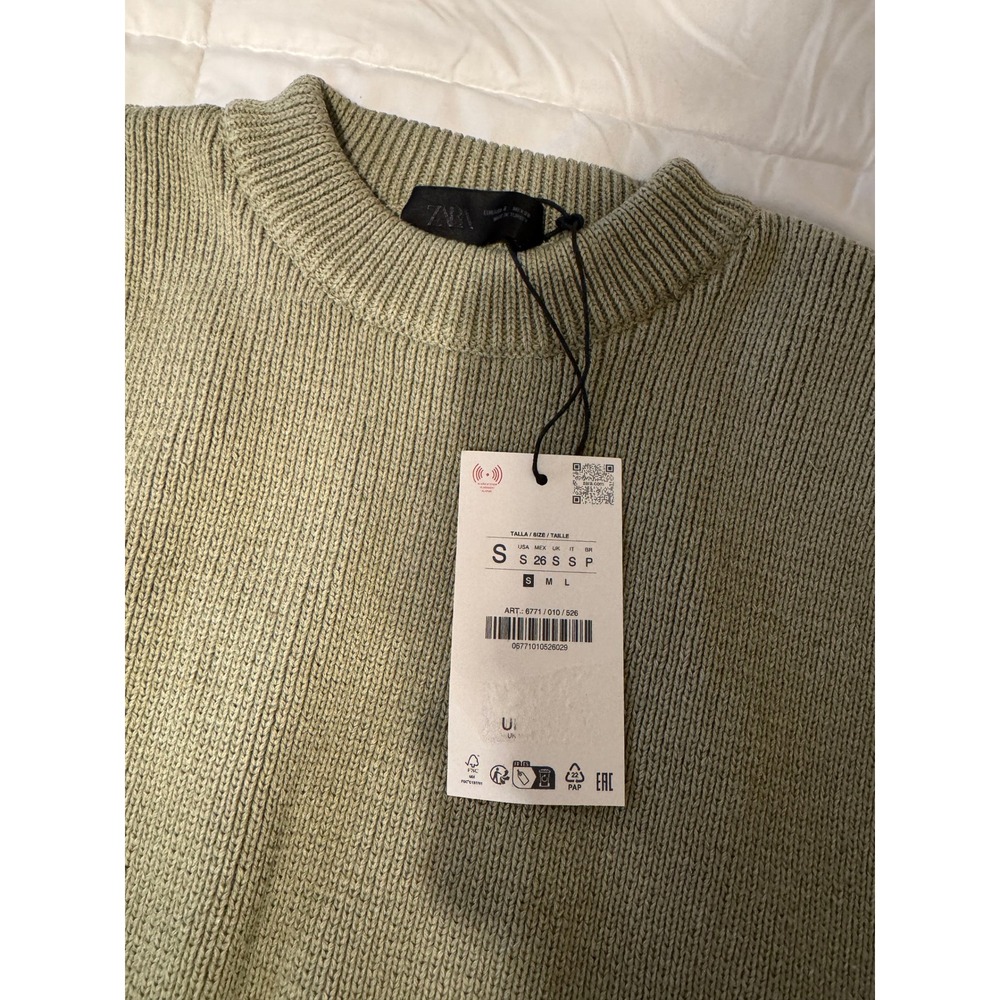 Zara Sage Green Ribbed Knit Short Sleeve Sweater Crew Neck Small - Picture 3 of 3